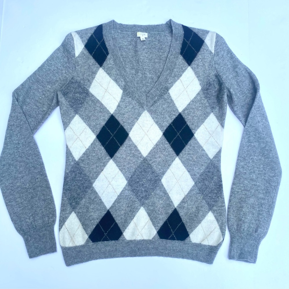 J. CREW V-Neck Argyle Cashmere Blend SWEATER  Size S